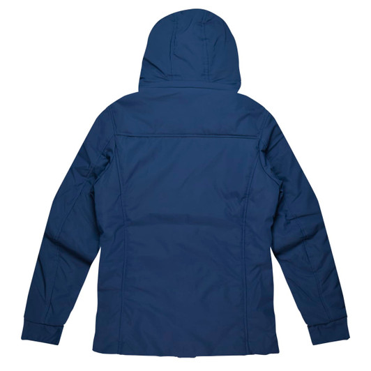 A navy blue jacket with a hood, featuring a sleek design and a branded logo. Suitable for various outdoor activities.