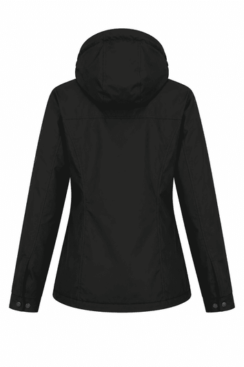 A black women's jacket featuring a hood and a patterned design on the back, with a logo present.