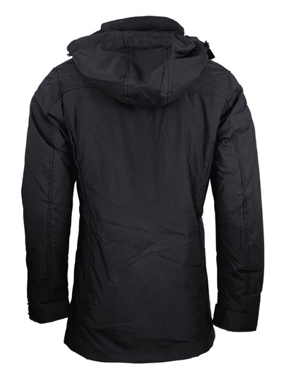 A black men's jacket featuring a hood and a zip-up design, with a logo on the back.