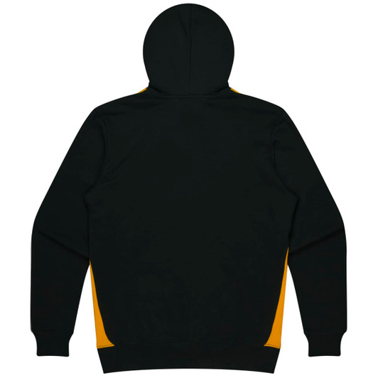 A black hoodie with yellow side panels and a hood. It features a logo on the design.