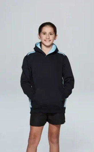 A child wearing a black hoodie with blue accents, standing against a plain background. The hoodie features a logo.