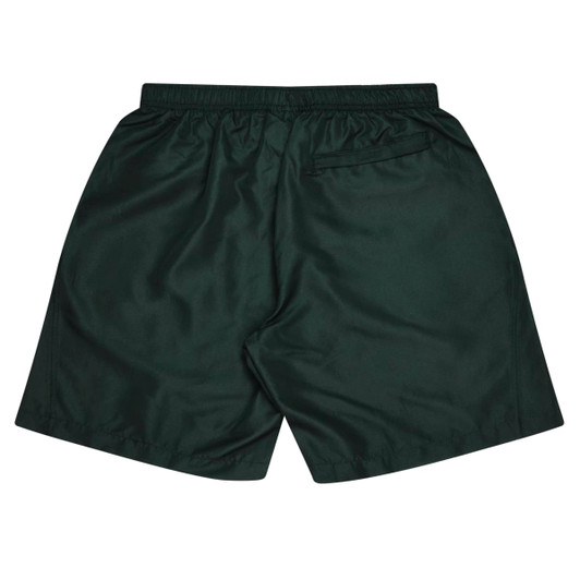 Dark green sports shorts featuring an elastic waistband and a back pocket. Includes branding on the garment.