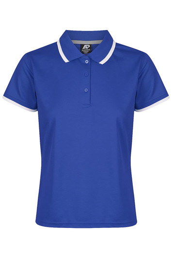 A blue polo shirt with a white collar and sleeve details, featuring a logo on the upper part.