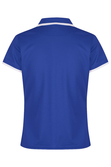 A blue polo shirt with a white collar and trim, featuring a logo on the back.