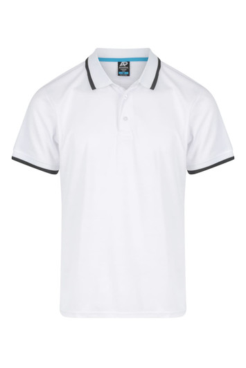 A white polo shirt with black trim and a logo on the label.