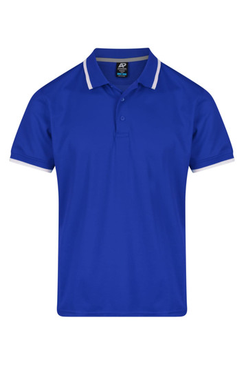 A blue polo shirt with white accents and a collar, featuring a logo on the left chest area.