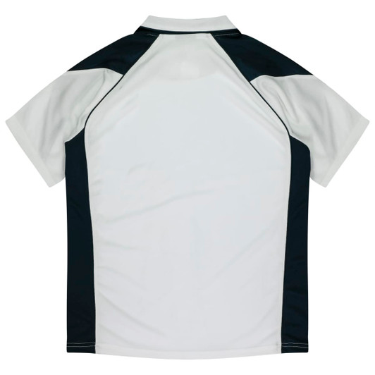 A short-sleeved polo shirt in white with black accents and a logo on the side.