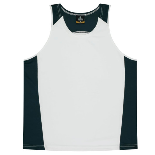 A white and dark green singlet featuring a logo, designed for kids.