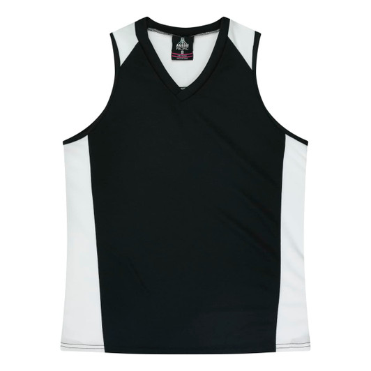 A black and white singlet featuring a V-neck design and contrasting side panels. Includes a logo on the front.