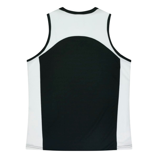 A black and white singlet featuring a round back design and a logo on the front.