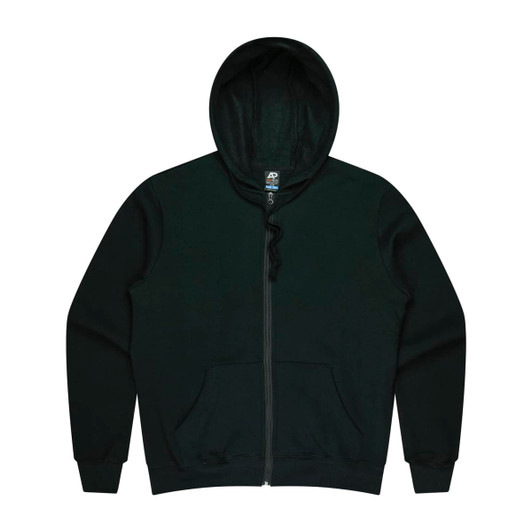 A dark green zip-up men's hoodie featuring a hood and front pockets. Includes a logo on the inner tag.