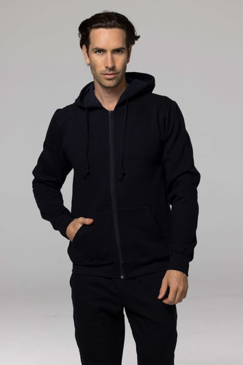 A men's zip hoodie in navy blue, featuring a hood and front pockets, with a logo on the chest.