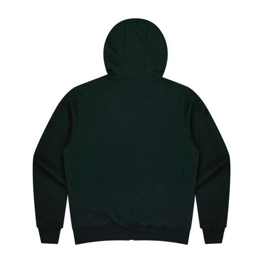 A dark green hoodie featuring a plain back and a hood, designed for kids. It has a logo at the back.