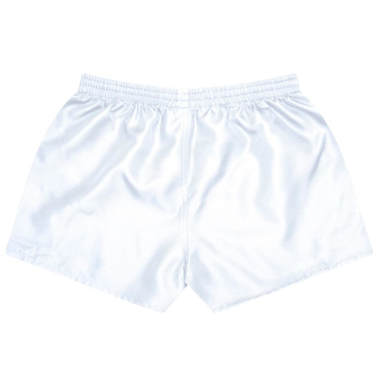 A pair of white sports shorts with an elastic waistband and a smooth finish, featuring a logo.