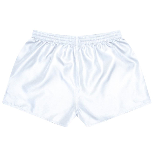 White rugby shorts with an elastic waistband and a smooth, shiny finish. Features a logo on the back.