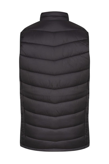 A black puffer vest with a high collar and quilted design, featuring a branding logo.