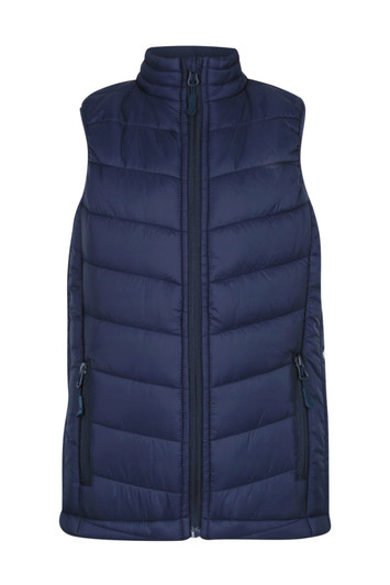 A navy blue puffer vest with a high collar and zippered front, featuring side pockets and a logo.