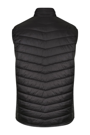 A black men's vest with a quilted design and no sleeves, featuring a logo on the back.