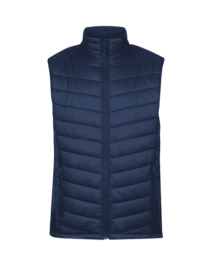 A navy blue men's vest features a quilted design, raised collar, and zippered pockets, with a logo present.