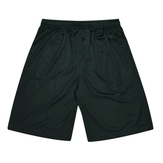 Green kids' sports shorts with an elastic waistband and a logo on one side. Suitable for athletic activities.