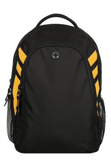 A black and yellow backpack with side mesh pockets and a logo on the front.