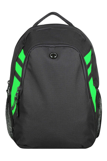 A black backpack with green accents and a side mesh pocket. It features a logo on the front.