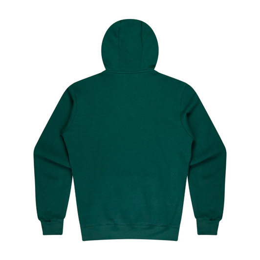 A green hoodie featuring a kangaroo pocket and a hood, designed for kids, with a small logo present.