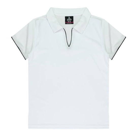 A white polo shirt with black trim and a collar, featuring a logo.