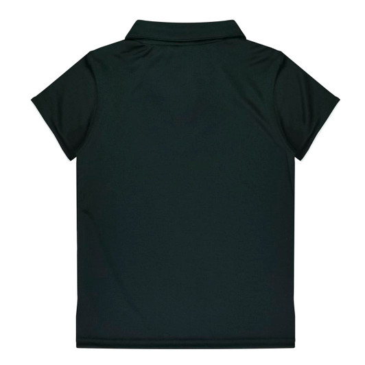 A dark green polo shirt featuring a classic collar and short sleeves, with a logo on the back.