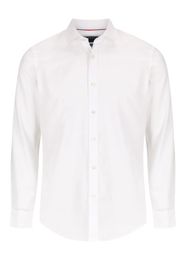 A white button-up shirt featuring long sleeves and a standard collar, with a logo on the label.