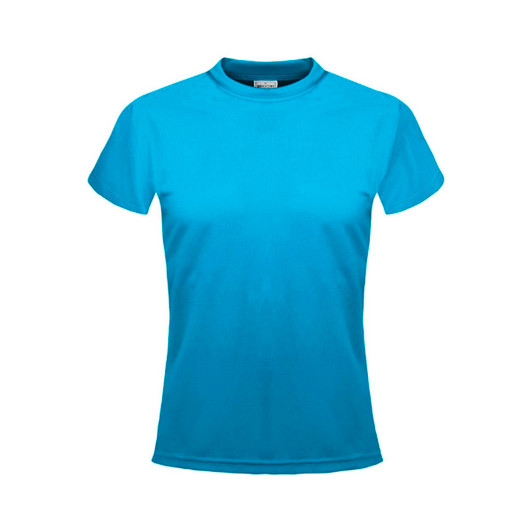 A bright turquoise micromesh tee with a classic crew neck and short sleeves, featuring a logo on the label.
