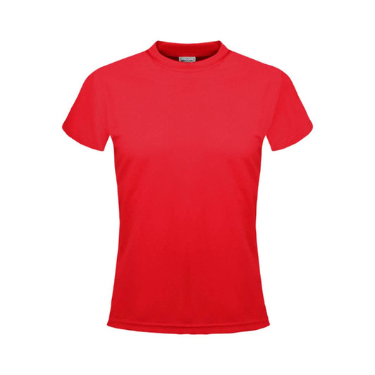 A red micromesh tee for women, featuring a simple design and a logo on the label.