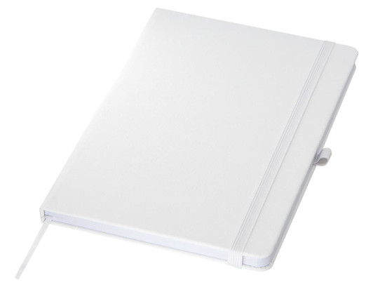A white A5 notebook with a textured cover, an elastic band, and a ribbon marker, featuring a logo.