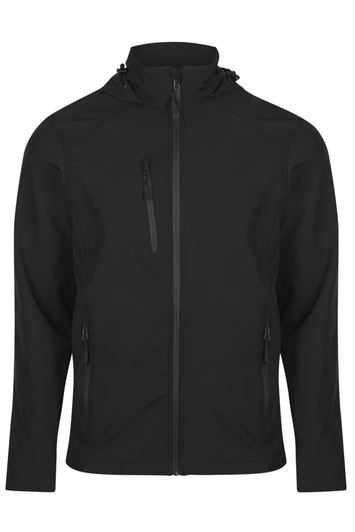 A black jacket featuring zippered pockets and a hood, designed for kids. It has a logo on the front.