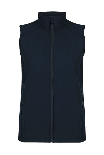 A dark navy sleeveless vest with a high collar and zip closure, featuring side pockets and a logo.