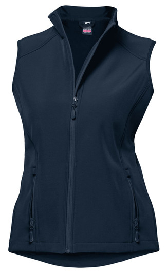 A navy blue vest with a zip closure and two front pockets, featuring a logo on the upper inside.