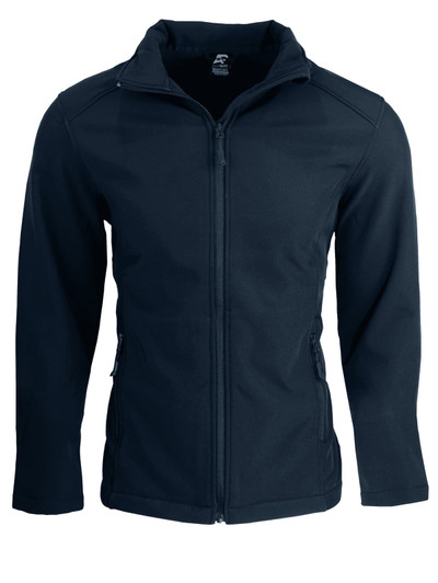 A navy soft shell jacket with a zip closure and pockets, featuring a branded logo.