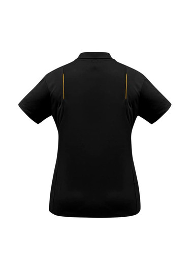 A black women's short sleeve polo shirt featuring yellow detailing and a logo.