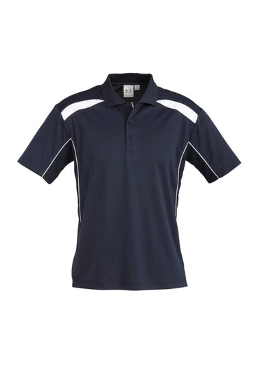 A navy blue short sleeve polo shirt with white accents and a logo on the chest.