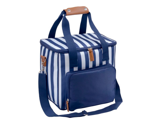 A navy and white striped cooler bag with two handles, a shoulder strap, and a front zip pocket.