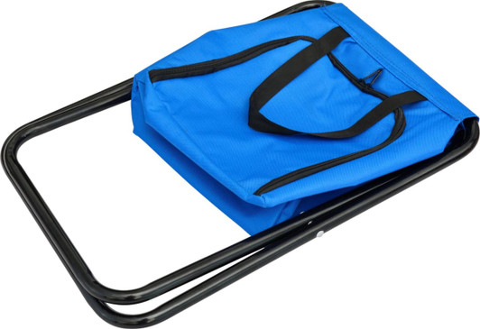 A blue cooler seat with a black handle, featuring a folding metal frame. It has a simple branding emblem.