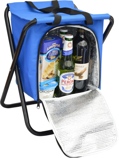 A blue cooler bag with a silver interior, containing several drink bottles and snacks, with a foldable frame.