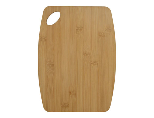 A bamboo cheese board with a rectangular shape and a cut-out handle, featuring a natural wood finish.