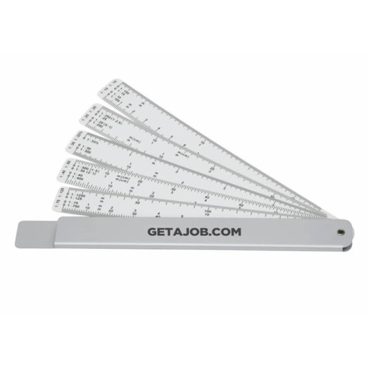 A silver Measure-Mate scale rule with multiple folding sections, featuring a logo on one side.