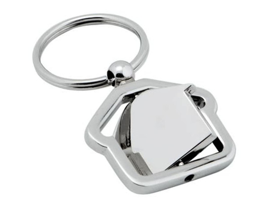 A silver keyring shaped like a house, featuring a simple design. It has a round ring for attaching keys.