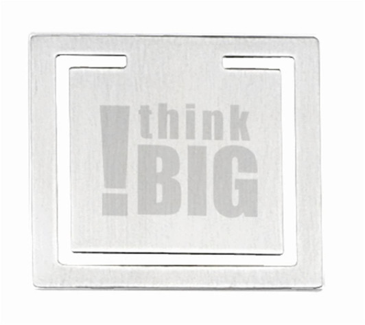 A square metal clip with a brushed finish and a logo. It has cut-out sections at the top.