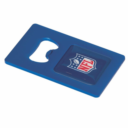A blue bottle opener card with a logo, featuring a rounded cutout for opening bottles.