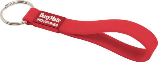 A red silicone sling keyring with a metal ring and a branding section.