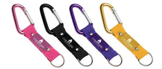 A collection of four carabiner keyrings in pink, black, purple, and gold, each featuring a branding logo.