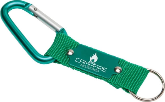 A teal keyring with a carabiner and a green woven strap, featuring a branding logo.
